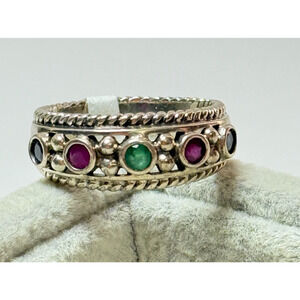 925 Sterling Silver Band Ring Ruby Emerald & Sapphire Beaded Rope Border Size 9